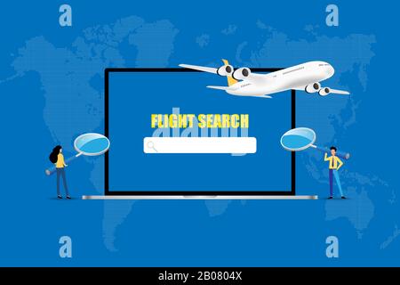 Business concept of online booking, businessman and woman hold a big magnifier to focus on the screen of laptop to search for a flight. Stock Vector