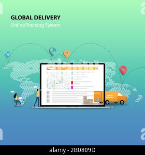 Concept of global delivery with online tracking system, businessman is working with colleague in a big screen of laptop which contains map and GPS. Stock Vector