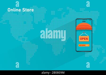 Mobile phone online store concept, the words 'open' and 'by now' hanging on the phone screen. The background is a world map which was draft from NASA. Stock Vector