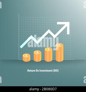 Concept of business performance in term of return on investment index. The white arrow and stack of golden coins are going up in green background. Stock Vector