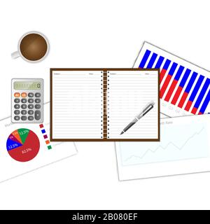 Business concept of Accounting, top view of businessman's desk, there are notebook, calculator, pen, coffee and financial report. Stock Vector