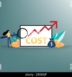 Concept of cost increase, a businesswoman hold a magnifying glass and focus on the screen of laptop which contain wording "COST" and red arrow. Stock Vector