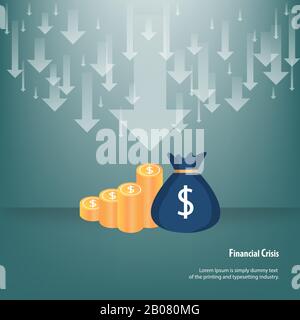 Concept of financial crisis, a lot of white arrows fall down to the floor together with stack of golden coins and money bag in green background. Stock Vector