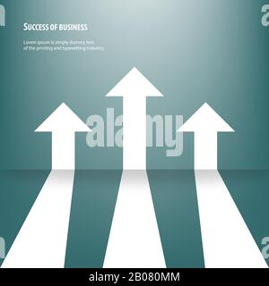 Concept of business target direction to success. Three white arrows are pointing up in green background. Stock Vector