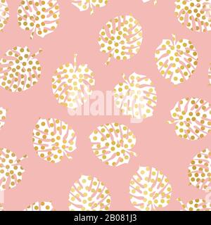 Monstera palm leaves white with gold foil dots seamless vector background. Tropical leaf pattern pink. Exotic nature repeating backdrop. Philodendron Stock Vector