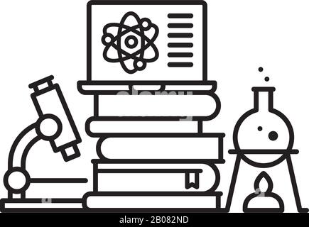 Scientific equipment, books and laptop computer vector line icon. Stock Vector