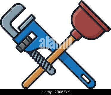 Plunger and pipe wrench crossed isolated  vector illustration for Plumbing Day on March 11th. Plumbing tools color symbol. Stock Vector