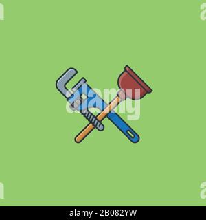 Plunger and pipe wrench crossed vector illustration for Plumbing Day on March 11th. Plumbing tools color symbol. Stock Vector