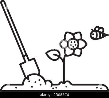 Gardening concept vector line icon. Shovel in soil, flower and bee outline symbol Stock Vector
