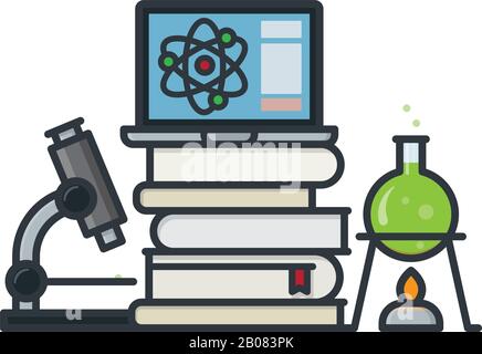 Scientific equipment, books and laptop computer isolated vector illustration for Science Education Day on March 14th. Stock Vector