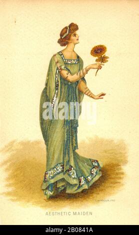 Aesthetic maiden one from a set in 'Johannis' Series of Fancy Costumes a give away card advertising 'Johannis' palatable water 1884 Stock Photo