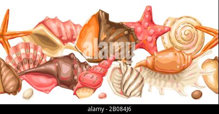 Seamless pattern with seashells. Tropical underwater mollusk shells. Stock Vector