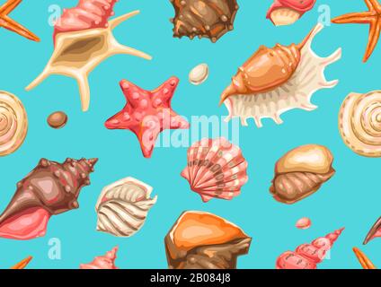 Seamless pattern with seashells. Tropical underwater mollusk shells. Stock Vector