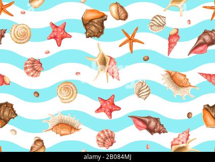 Seamless pattern with seashells. Tropical underwater mollusk shells. Stock Vector