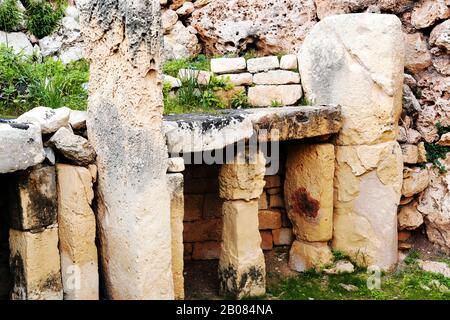 Neolithic limestone gate at the ggantija temples complex in Xaghra in island of Gozo, Malta. Stock Photo