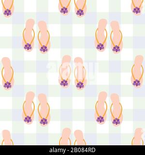 Pretty flip flop shoe seamless vector pattern background. Hand drawn girly sandals with tropical flower. Pastel check backdrop. Hot summer Stock Vector