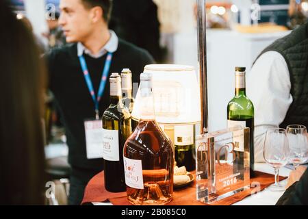 Strasbourg, France - Feb 16, 2020: Awards for wines at the Vignerons independant English: Independent winemakers of France wine fair for private and horeca customers Stock Photo