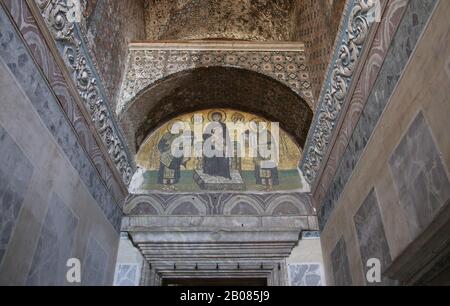 Turkey. Istanbul. Hagia Sofia. Byzatine mosaic. Virgin Mary with Jesus, emperors Constantine and Justinian. Tympanum. 994. Stock Photo