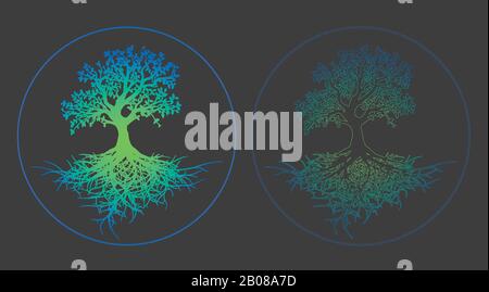 Vector set neon tree of life and neon tree of life pattern Stock Vector