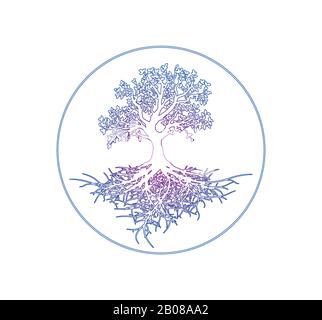 Vector template neon tree of life with roots Stock Vector