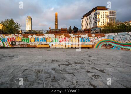 Street art grafitti on city park wall with Beatle's song lyrics, Yekaterinburg, Siberia, Russian federation Stock Photo