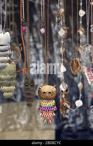 Hand made jewellery on a market stall. Stock Photo