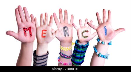 Children Hands Building Word Merci Means Thank You, Isolated Background Stock Photo