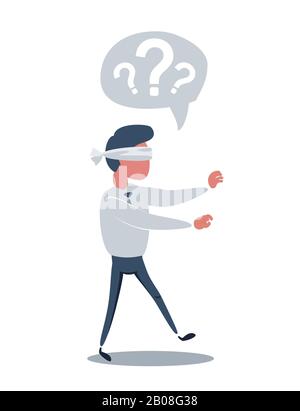 Young blindfolded businessman trying to find the right direction. Business concept. Stock Vector