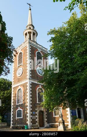 The tower of the 18th century St Mary's church at Rotherhithe, in Southwark, South London UK Stock Photo
