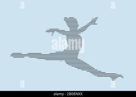 female gymnast split in jump silhouette in black lines on blue background Stock Photo