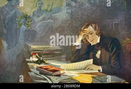 ROBERT SCHUMANN (1810-1856) German composer and pianist working on the score for his Dichterliebe watched over by the spirit of Heinrich Heine Stock Photo