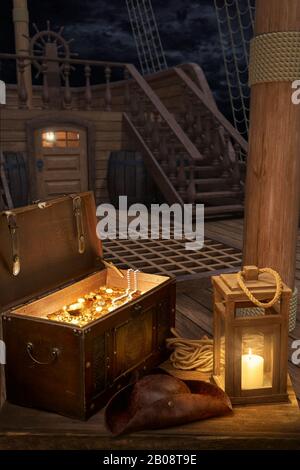 Outside of pirate old ship with treasure chest and ship lantern. Pirate boat background. 3d illustration of deck of a pirate boat. Mixed media. Stock Photo