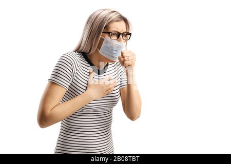 Young female wearing a mask and coughing isolated on white background