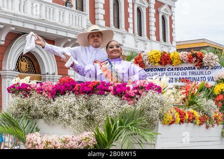 The winners of 2019 Gold category at the 2020 Marinera dance festival parade in Trujillo Peru Stock Photo