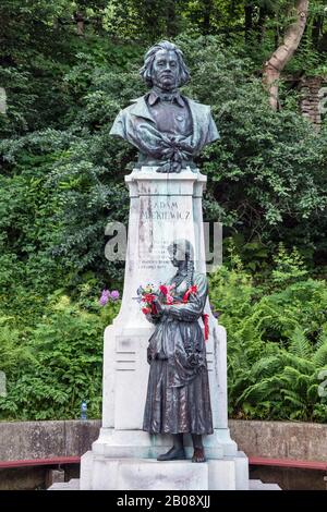 Adam Mickiewicz monument, 1906, created by Antoni Popiel, spa resort of Krynica Zdroj, Beskid Sadecki region, Western Carpathians, Malopolska, Poland Stock Photo