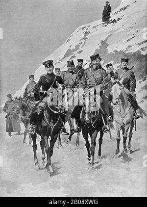 An illustration circa 1914 showing Serbian cavalry on the march during World War One.  The Serbian campaign of World War One from July 1914, resulted in three attempts by the Austria-Hungarian army to invade Serbia.  Serbia was finally conquered by combined Austria-Hungarian, German and Bulgarian armies in December 1915 Stock Photo
