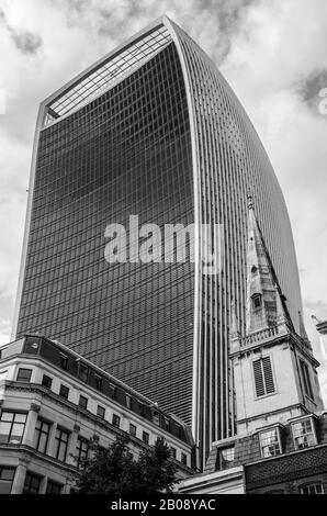 The iconic Walkie Talkie building in the Tower Hill area of the City of London, England, Great Britain, United Kingdom.