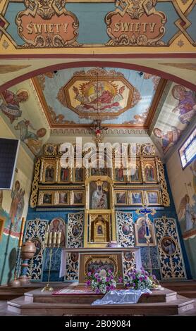 Iconostasis at Saint Demetrius Church, Greek Catholic, now Roman Catholic, 1760, in village of Binczarowa, Western Carpathians, Malopolska, Poland Stock Photo