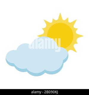Cartoon style icon of sun with cloud isolated on white background. Stock Vector