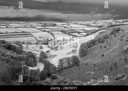 Infrared picture of the view from the top of the Winsford Hill looking down across The Punchbowl, in the Exmoor National Park, Somerset, England, UK Stock Photo