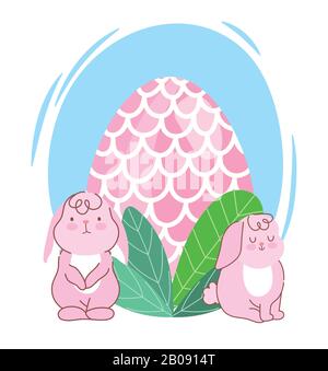 happy easter cute pink rabbits with egg foliage decoration vector illustration Stock Vector