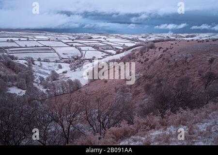 Infrared picture of the view from the top of the Winsford Hill looking down across The Punchbowl, in the Exmoor National Park, Somerset, England, UK Stock Photo