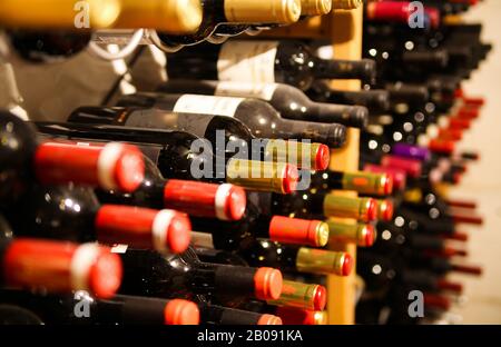 Collection of dusty red wine bottles in a shelf in a row Stock Photo