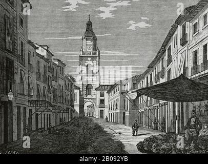 Spain, Zamora province, Toro. Puerta del Mercado (Market Gate) or Arco del Reloj (The Clock Arch). It was built in the 18th century on the front door of the second walled enclosure. Illustration by Letre. Engraving by Sierra, 19th century. Cronica General de España, Historia Ilustrada y Descriptiva de sus Provincias. Asturias and Leon, 1867. Stock Photo