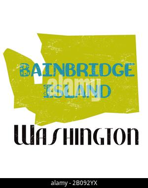 Bainbridge Island Washington typography in the shape of Washington State.  Chartreuse, teal and black in the design on a white background.  Popular pl Stock Photo