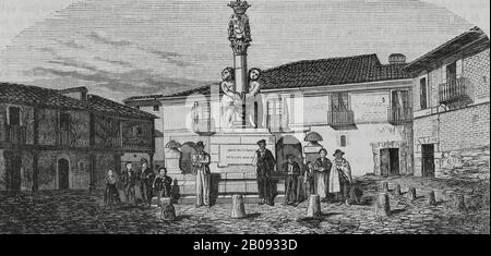 Spain, Leon. Market Fountain, dated in 1789. City's grain market, Plaza del Grano. Engraving by Soriano, 19th century. Cronica General de España, Historia Ilustrada y Descriptiva de sus Provincias. Asturias and Leon, 1867. Stock Photo