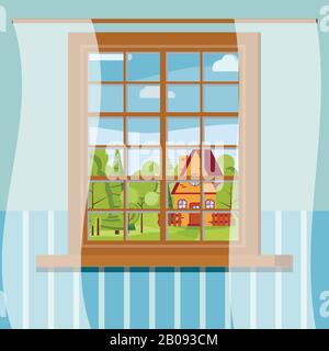 Cartoon wooden window view in flat style Sunny day scene. Stock Vector