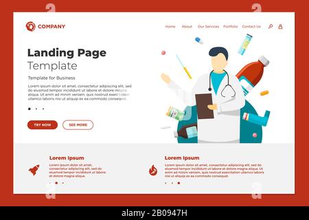 Health care online website landing page design template. Medical internet assistance. Male doctor consultant and medicine pills tablets drugs. Consulting pharmacy clinic service vector illustration Stock Vector