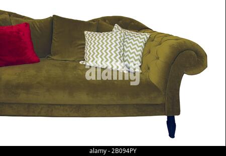Retro green velvet half sofa furniture with decorative pillows isolated on white background Stock Photo