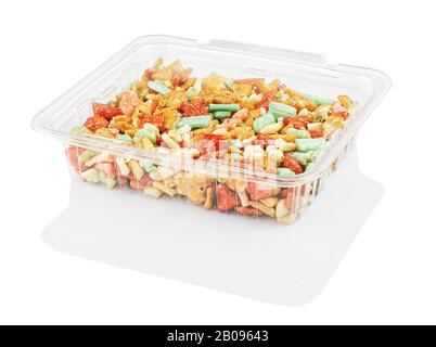 multicolored candy in a disposable plastic container isolated on a white background with clipping path Stock Photo